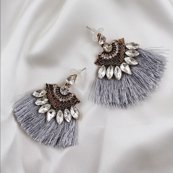 Mary & Heart Jewelry - Gray Studded Tassel Earrings with Crystals